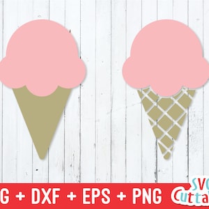 May include: Two pink and brown ice cream cone cutouts. The ice cream is a simple shape with no details. The cone is a waffle cone with a grid pattern.