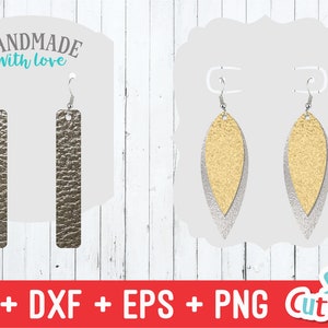 Puede incluir: Dos pares de pendientes de cuero. Un par es de forma de hoja dorada y plateada. El otro par es un rect&aacute;ngulo plateado. Los pendientes est&aacute;n en una tarjeta blanca con el texto "Handmade with love".