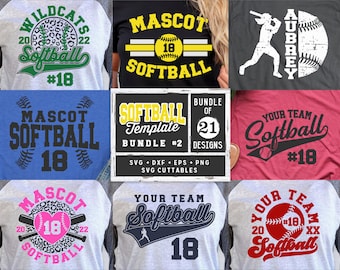 Może przedstawiać: Zestaw 21 szablonów projektów dla drużyn softball. Projekty zawierają różne kombinacje kolorów i tekst, np. "Mascot Softball", "Your Team Softball" i "Wildcats Softball".