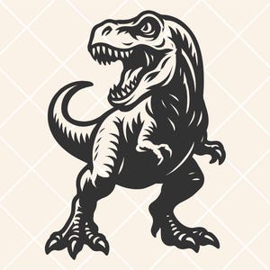May include: A black and white illustration of a Tyrannosaurus Rex. The dinosaur is depicted in a dynamic pose, with its mouth open, revealing sharp teeth. The image has a vintage, graphic design style, suitable for various applications.