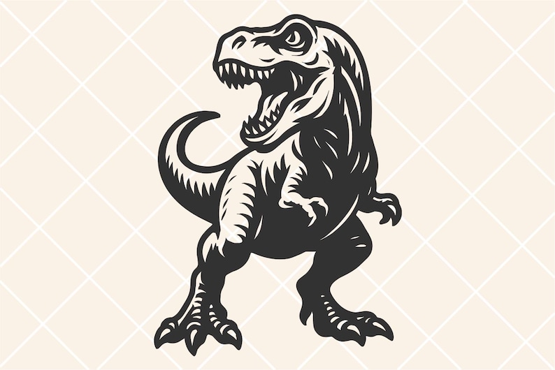 May include: A black and white illustration of a Tyrannosaurus Rex. The dinosaur is depicted in a dynamic pose, with its mouth open, revealing sharp teeth. The image has a vintage, graphic design style, suitable for various applications.