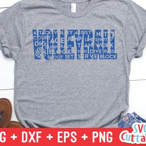 May include: A gray t-shirt with a blue graphic design that says "VOLLEYBALL" with a volleyball graphic and words like "attack", "jump", "serve", "block", and "dive".
