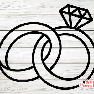 May include: Black line art of two intertwined rings, one with a large diamond-shaped gem. The rings are set against a white wood grain background. The image is a digital design, likely for crafting or graphic use.