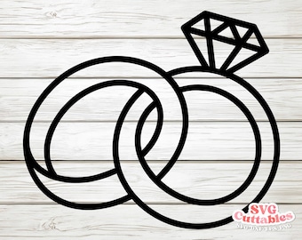 May include: Black line art of two intertwined rings, one with a large diamond-shaped gem. The rings are set against a white wood grain background. The image is a digital design, likely for crafting or graphic use.