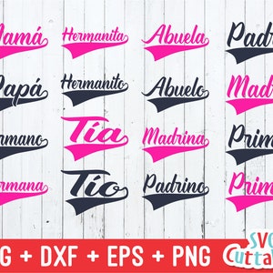 家族のテキスト テール svg、スペイン語、SVG、EPS、DXF、ママ svg、パパ svg、アブエラ、アブエロ、ティア、ティオ、パドレ、マドレ、シルエット、クリカット、カット ファイル