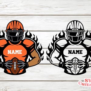 May include: Two stylized football player graphics. One is in orange and brown with a football, the other is a black and white outline. Both have a helmet, the word "NAME" on the jersey, and flames.