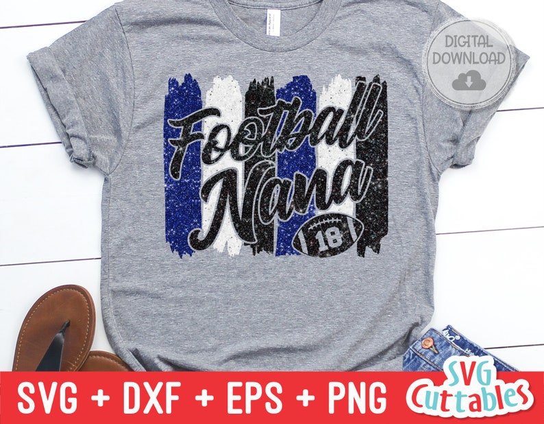 May include: A gray t-shirt with a blue, white, and black glitter design that says "Football Mama" with a football graphic.