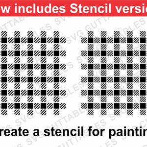 May include: Two black and white buffalo check patterns are displayed. The text "Now includes Stencil version" is at the top in a red banner. The text "Create a stencil for painting" is at the bottom.