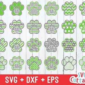May include: Set of 20 paw print SVG cut files in various patterns, including chevron, polka dot, and zebra print. The paw prints are in shades of green and gray. SVG + DXF + EPS Cuttables.