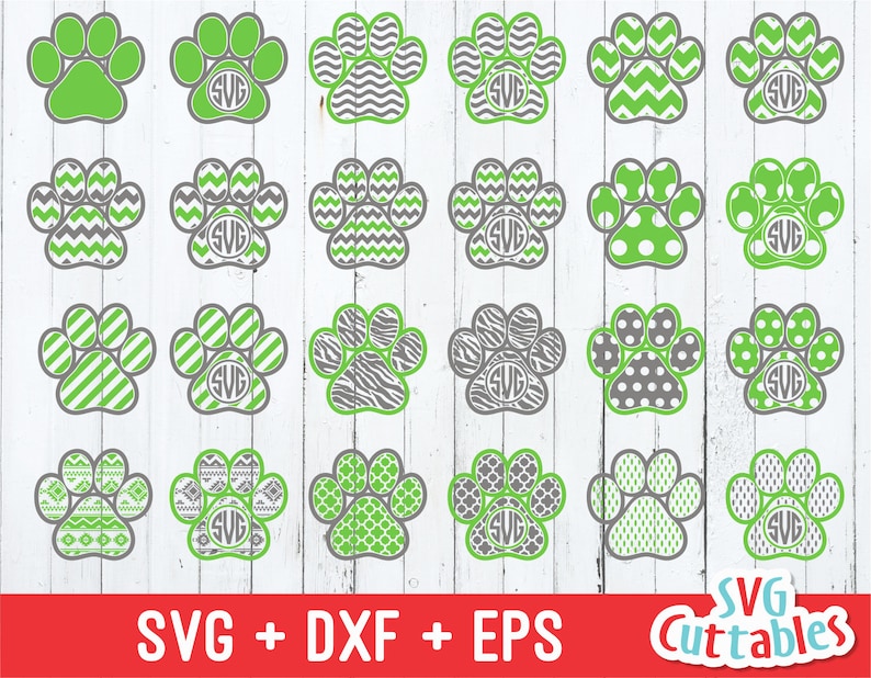 May include: Set of 20 paw print SVG cut files in various patterns, including chevron, polka dot, and zebra print. The paw prints are in shades of green and gray. SVG + DXF + EPS Cuttables.