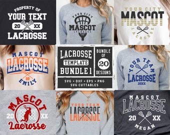 May include: A bundle of 20 lacrosse-themed SVG cuttable designs. The designs feature various lacrosse-related graphics, including lacrosse sticks, nets, and the word "Lacrosse". The designs are perfect for creating personalized apparel, home decor, and more.