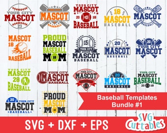 Könnte beinhalten: Ein Set mit 12 SVG-Schnittdateien zum Thema Baseball zum Basteln. Die Designs beinhalten verschiedene Texte und Grafiken, darunter "Your City Mascot", "Proud Mascot Mom" und "Baseball Templates Bundle #1".