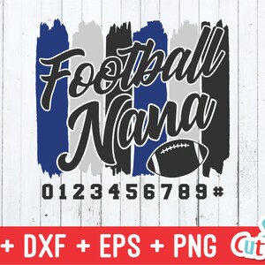 May include: A digital design featuring the text "Football Nana" in black and white with a blue, white, and black striped background. A black and white football is centered below the text. The numbers 0123456789 and a hash symbol are below the football.