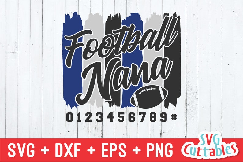 May include: A digital design featuring the text "Football Nana" in black and white with a blue, white, and black striped background. A black and white football is centered below the text. The numbers 0123456789 and a hash symbol are below the football.