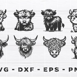 Puede incluir: Conjunto de ocho ilustraciones de vacas Highland en blanco y negro. Las ilustraciones presentan diferentes poses y estilos, incluyendo una vaca con una corona floral, una vaca con un dise&ntilde;o floral en la cabeza y una vaca con un dise&ntilde;o simple y realista.