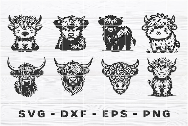 Puede incluir: Conjunto de ocho ilustraciones de vacas Highland en blanco y negro. Las ilustraciones presentan diferentes poses y estilos, incluyendo una vaca con una corona floral, una vaca con un dise&ntilde;o floral en la cabeza y una vaca con un dise&ntilde;o simple y realista.