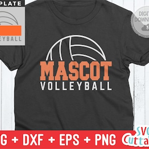 May include: Black t-shirt with a white volleyball graphic and the words "MASCOT VOLLEYBALL" in orange and white. The shirt also has the words "DIGITAL DOWNLOAD" and "SVG + DXF + EPS + PNG Cuttables".