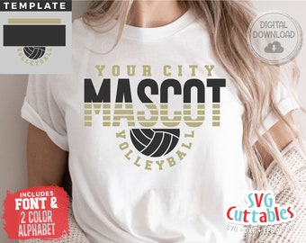 May include: A white t-shirt with a black and gold graphic design that says "YOUR CITY MASCOT VOLLEYBALL". The graphic includes a volleyball with black and white stripes.