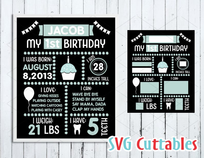 May include: A black and white printable chalkboard style sign for a first birthday. The sign has a blue and white color scheme and says "Jacob My 1st Birthday". It includes details like the date of birth, height, weight, and things the child loves and can do.