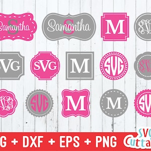 May include: A set of 12 monogram designs in various styles and colours. The designs include a name, initials, and the word "SVG".