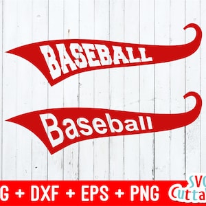 May include: Two red baseball banners with white text that reads "Baseball" on a white wood background. The banners are curved and have a pointed end.