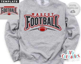 Pode incluir: Camisola cinzenta com um design gráfico vermelho e preto que diz "Mascot Football" com uma bola de futebol por baixo.