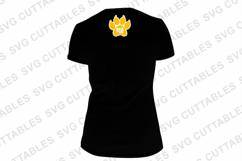 May include: Black t-shirt with a yellow paw print and the number 18 inside.
