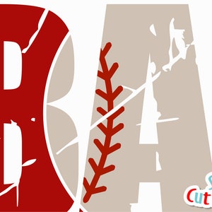 May include: Red and white distressed baseball graphic with the word "BASE" in white letters. The graphic is on a beige background. The text "SVG Cuttables" is in the bottom right corner.