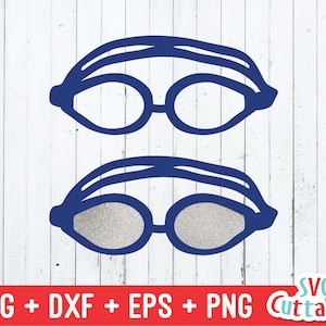May include: Two pairs of blue swimming goggles, one above the other, on a white wood background.
