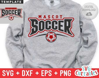 May include: A gray sweatshirt with a red and black soccer mascot design. The design includes the word "MASCOT" above the word "SOCCER" in a bold, black font. A red soccer ball is below the text.