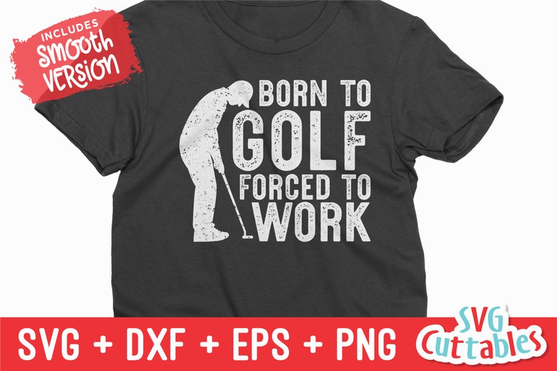 K&ouml;nnte beinhalten: Ein dunkelgraues T-Shirt mit einer wei&szlig;en Grafik eines Golfers und dem Text "Born to Golf Forced to Work".