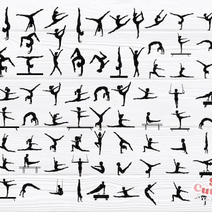 May include: Black silhouette illustrations of gymnasts performing various poses and routines. The image features multiple figures in different positions, including handstands, splits, and routines on equipment like bars and beams. The background is a white wooden surface.