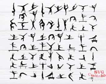 Paquete de siluetas de gimnasia en formato SVG, gimnasta en formato SVG, imágenes prediseñadas de gimnasia en formato PNG, archivos de corte para acrobacias, poses de gimnastas animadoras en formato DXF, descarga digital.