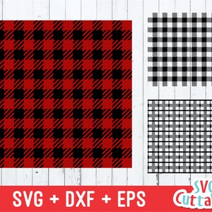 May include: A digital design featuring three plaid patterns: red and black buffalo check, black and white check, and a gray and white grid. The image includes the text "SVG + DXF + EPS" and the logo "SVG Cuttables".