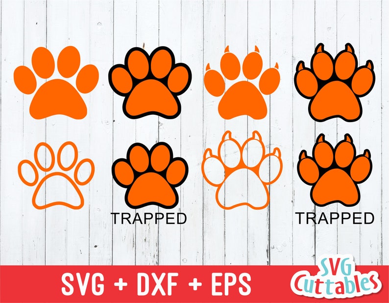 May include: Eight orange and black paw prints with the text "TRAPPED" on the bottom of the image. The paw prints are in a variety of styles, including simple, detailed, and with claws.
