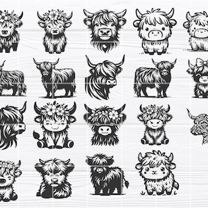 Puede incluir: Una colecci&oacute;n de 20 ilustraciones en blanco y negro de ganado de las Tierras Altas, tambi&eacute;n conocido como ganado de las Tierras Altas escocesas. El ganado se representa en varias poses, incluyendo de pie, sentado y acostado. Algunos de los animales llevan flores en la cabeza.