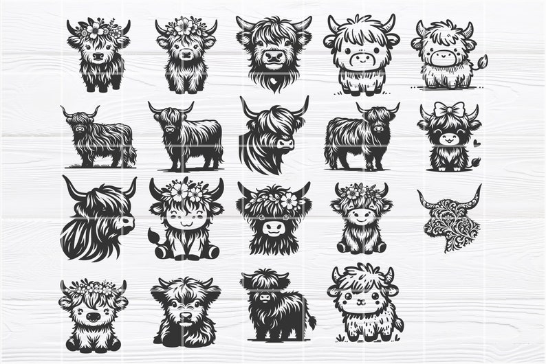 Puede incluir: Una colecci&oacute;n de 20 ilustraciones en blanco y negro de ganado de las Tierras Altas, tambi&eacute;n conocido como ganado de las Tierras Altas escocesas. El ganado se representa en varias poses, incluyendo de pie, sentado y acostado. Algunos de los animales llevan flores en la cabeza.