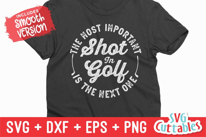 K&ouml;nnte beinhalten: Ein dunkelgraues T-Shirt mit einem wei&szlig;en Kreis-Motiv, auf dem "Der wichtigste Schlag im Golf ist der n&auml;chste" steht.