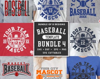 May include: A digital download bundle of 8 baseball team mascot designs. The designs feature a baseball player in a circle with the text "Your Team Mascot" and "20XX". The designs are available in SVG, DXF, EPS, and PNG formats.