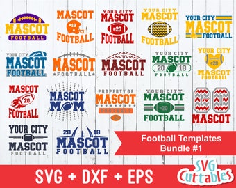 May include: A set of 12 football-themed SVG cut files for crafting. The designs feature various football-related graphics, including helmets, footballs, and the word "Mascot". The designs are in a variety of colors, including red, blue, green, yellow, and orange.