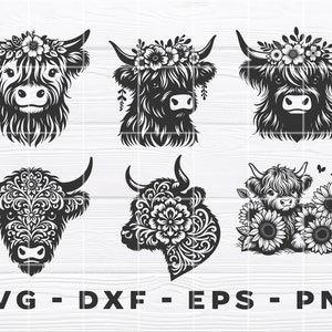 Puede incluir: Seis ilustraciones digitales en blanco y negro de ganado de las tierras altas con dise&ntilde;os florales. Las ilustraciones incluyen una vaca con una corona floral, una vaca con un patr&oacute;n floral y una vaca con girasoles.