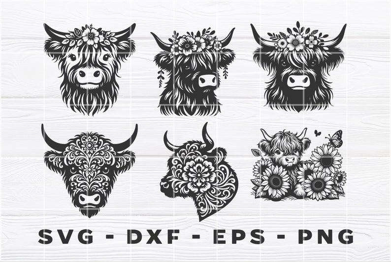 Puede incluir: Seis ilustraciones digitales en blanco y negro de ganado de las tierras altas con dise&ntilde;os florales. Las ilustraciones incluyen una vaca con una corona floral, una vaca con un patr&oacute;n floral y una vaca con girasoles.