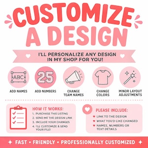 May include: A pink and white graphic sign titled CUSTOMIZE A DESIGN. It lists personalization options including adding names, numbers, changing team names, colors, and layout. It outlines a four-step process and instructions to include design links.