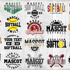 Pu&ograve; includere: Una collezione di 16 loghi di squadra di softball con diversi design e combinazioni di colori. I loghi includono testo come "Mascot Softball", "Your City Softball" e "Property of Your Text Softball".