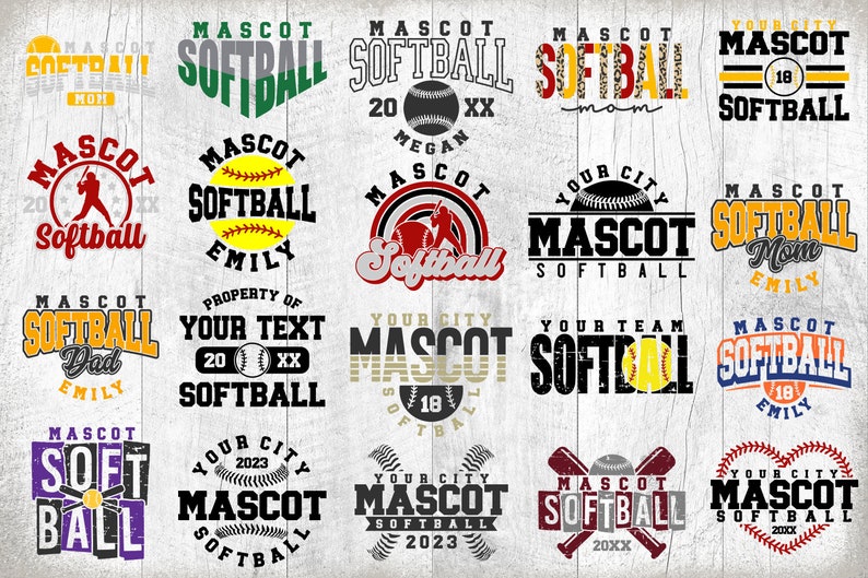 Pu&ograve; includere: Una collezione di 16 loghi di squadra di softball con diversi design e combinazioni di colori. I loghi includono testo come "Mascot Softball", "Your City Softball" e "Property of Your Text Softball".
