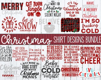 May include: A collection of 12 Christmas-themed shirt designs featuring red and white plaid patterns, snowflakes, and festive sayings like "Get Your Jingle On", "Let It Snow", "Merry Christmas", and "Christmas Spirit".