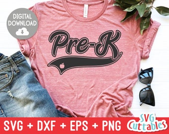 May include: A pink t-shirt with the text "Pre-K" in a black baseball font with a black apple graphic. The text "SVG + DXF + EPS + PNG Cuttables" is at the bottom of the image.