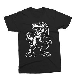 May include: Black t-shirt featuring a white illustration of a Tyrannosaurus Rex. The dinosaur is depicted with its mouth open, showcasing sharp teeth. The design is a bold, graphic style, suitable for fans of dinosaurs and prehistoric themes.