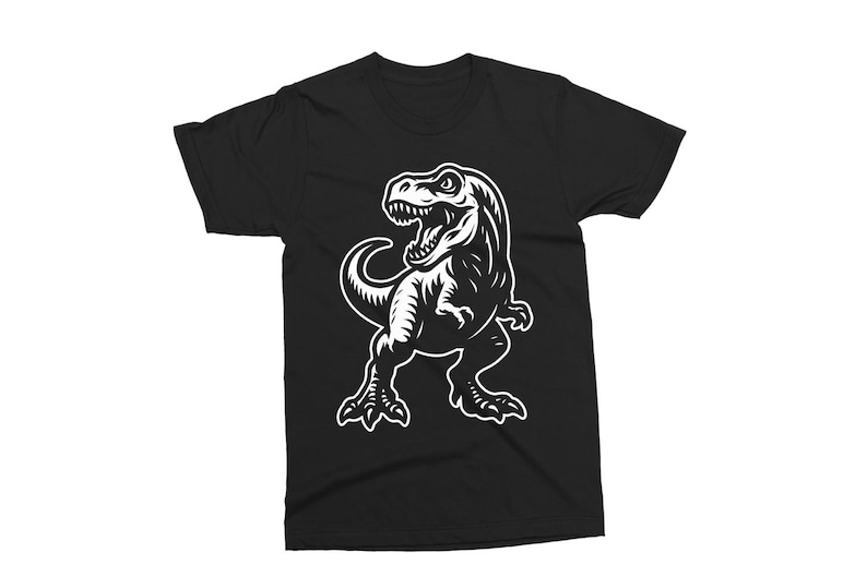 May include: Black t-shirt featuring a white illustration of a Tyrannosaurus Rex. The dinosaur is depicted with its mouth open, showcasing sharp teeth. The design is a bold, graphic style, suitable for fans of dinosaurs and prehistoric themes.