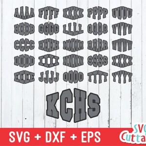 May include: A digital design file for a gray and white KCHS monogram with a block letter font. The design includes all letters of the alphabet in a block letter font.